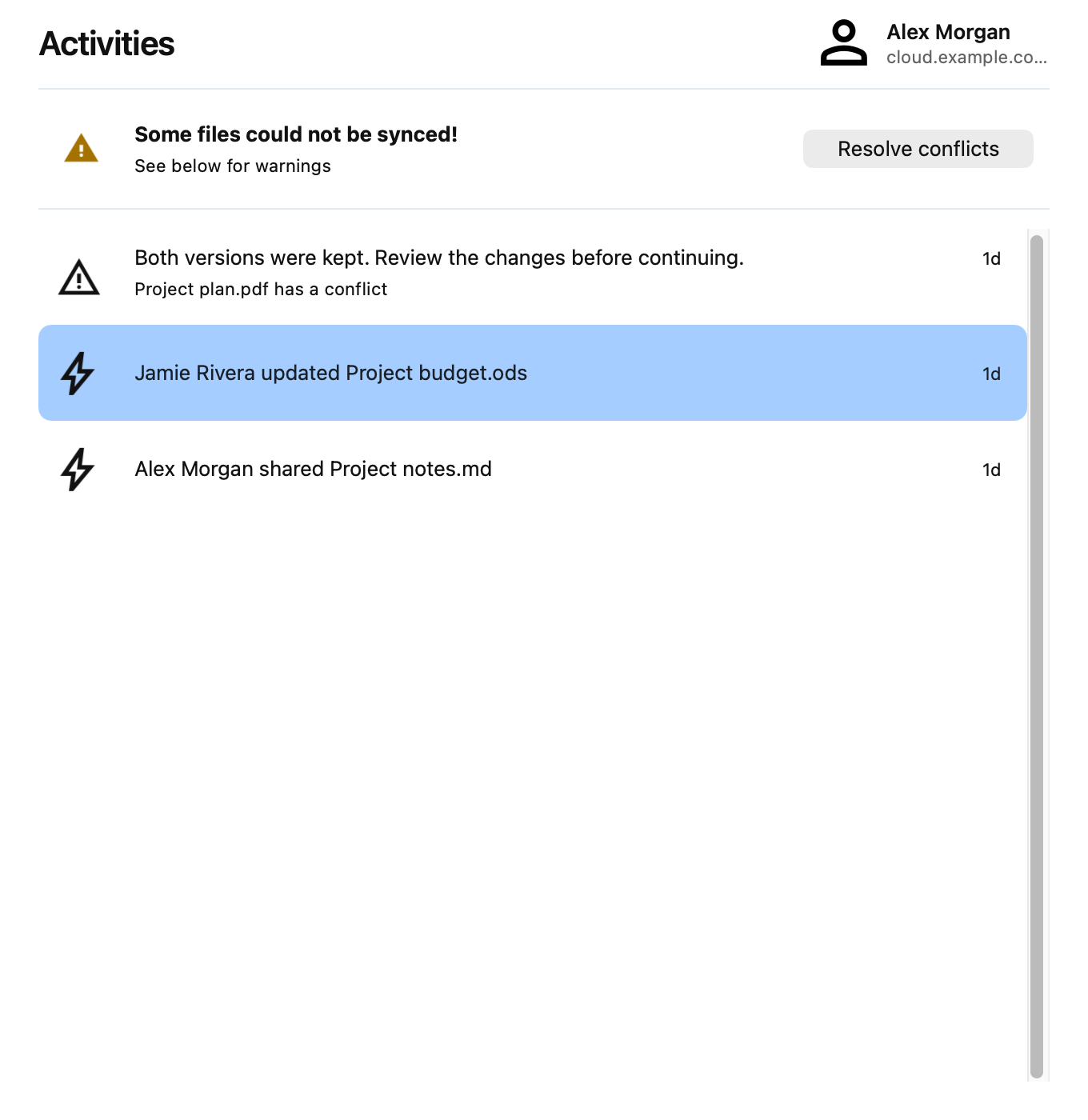 Activities view with recent file changes, a sync warning, and a conflict