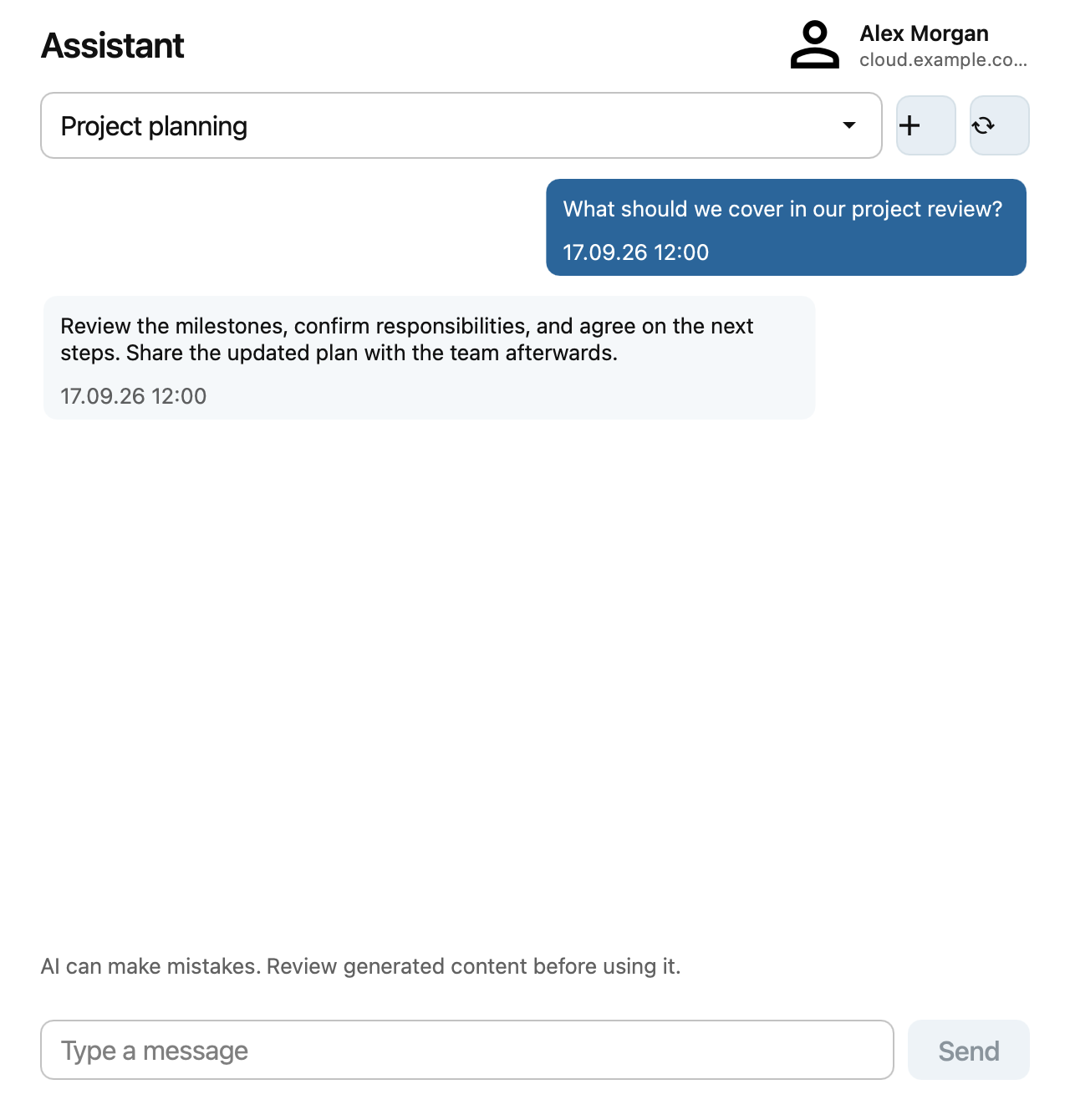 Assistant conversation with a question, response, and message field
