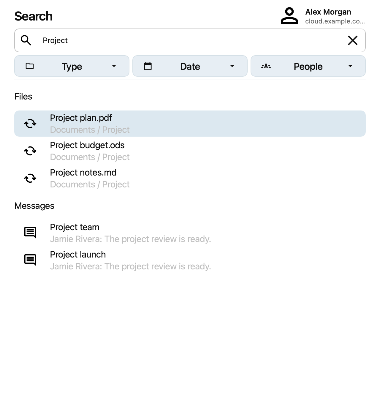 Search results for Project with Type, Date, and People filters
