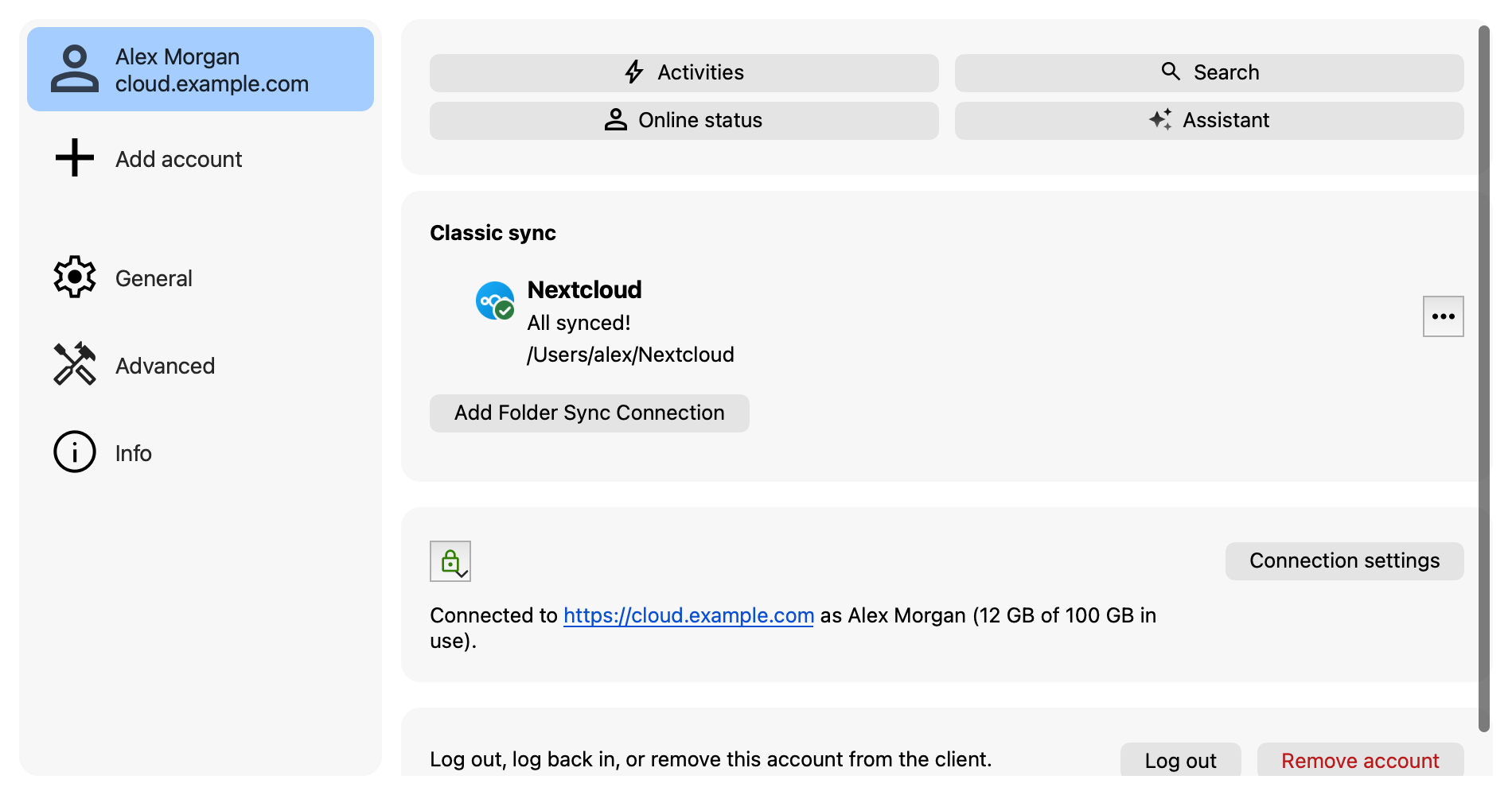Account settings with classic sync status, connection settings, and account controls