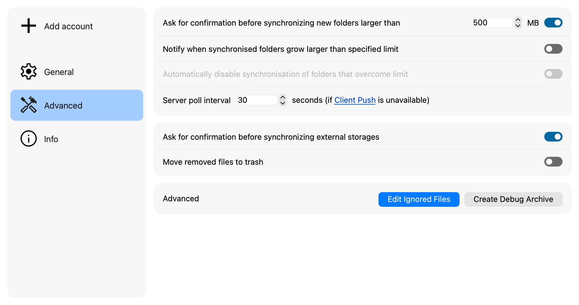 Advanced settings for sync confirmations, server polling, ignored files, and debug archives