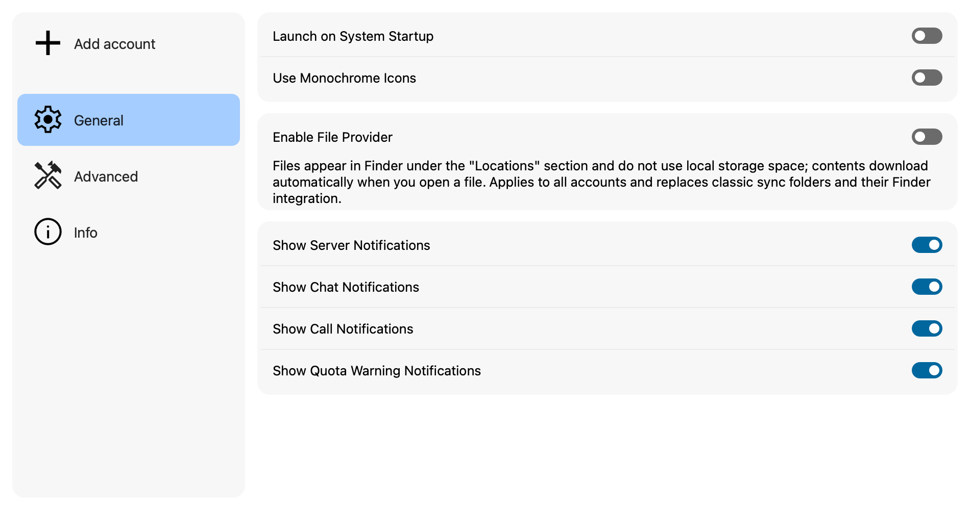 General settings for startup, icons, File Provider, and notifications