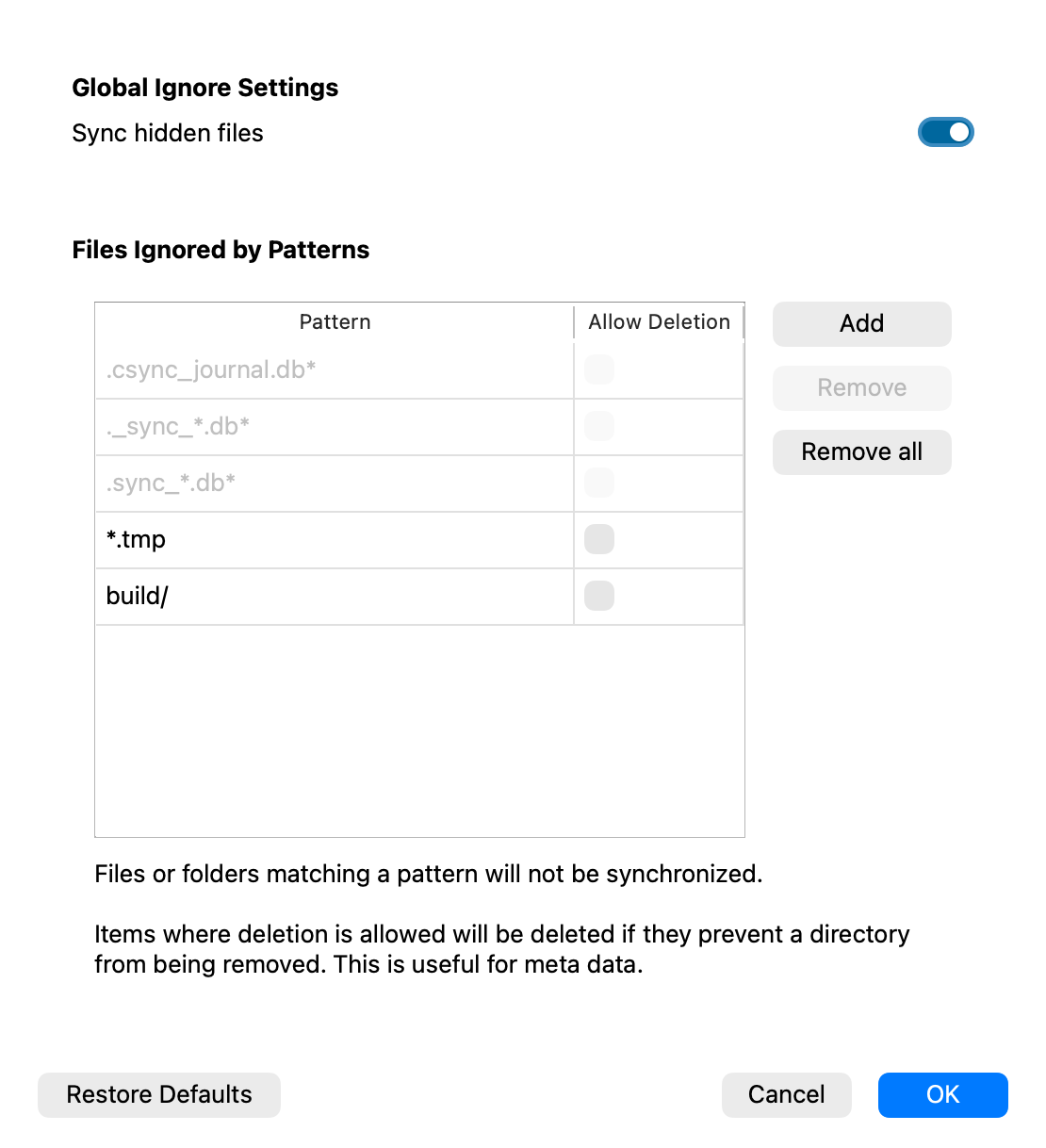 Ignored files editor with patterns, Allow Deletion checkboxes, and save controls