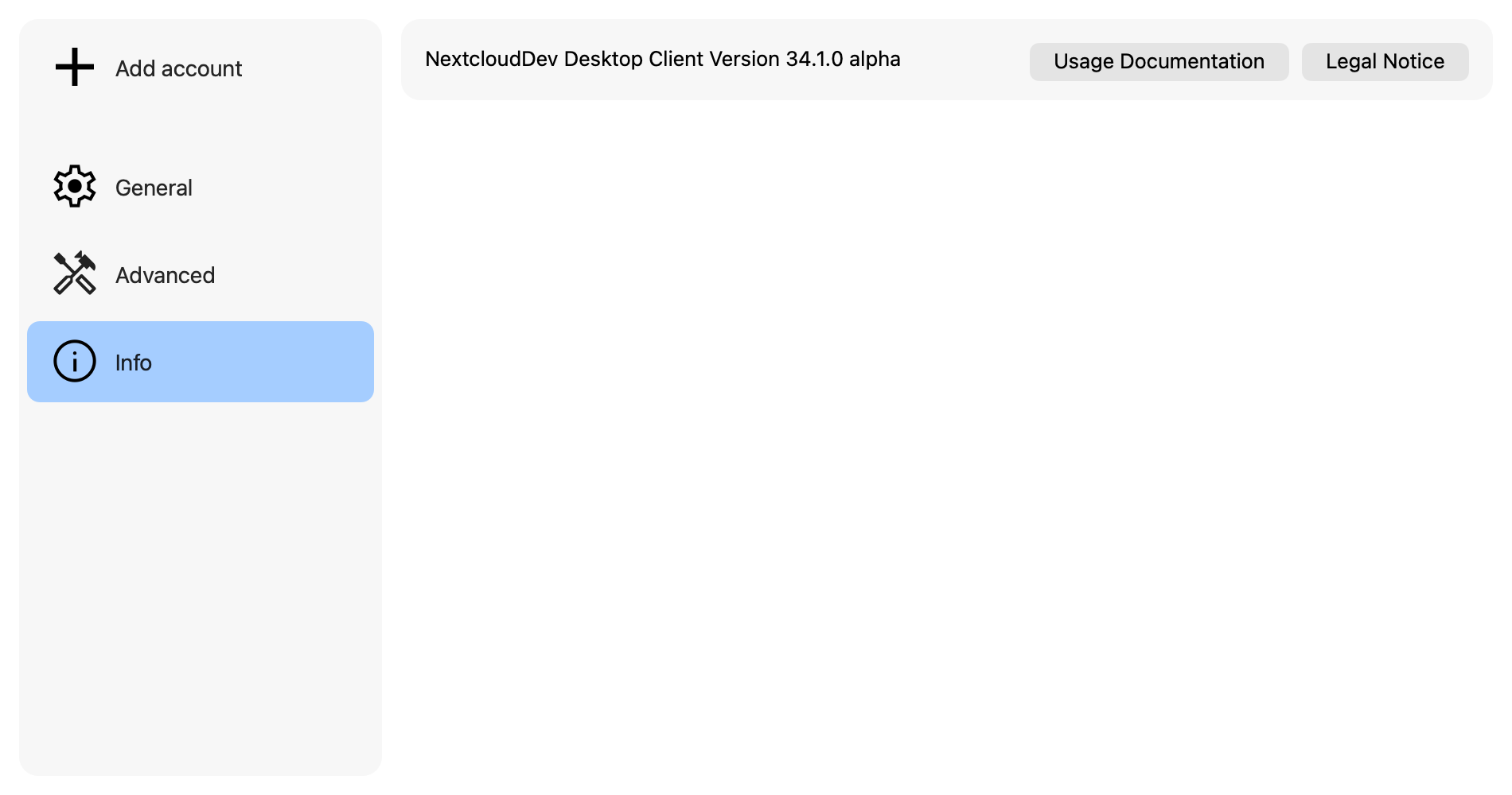 Info page showing the desktop client version and documentation link