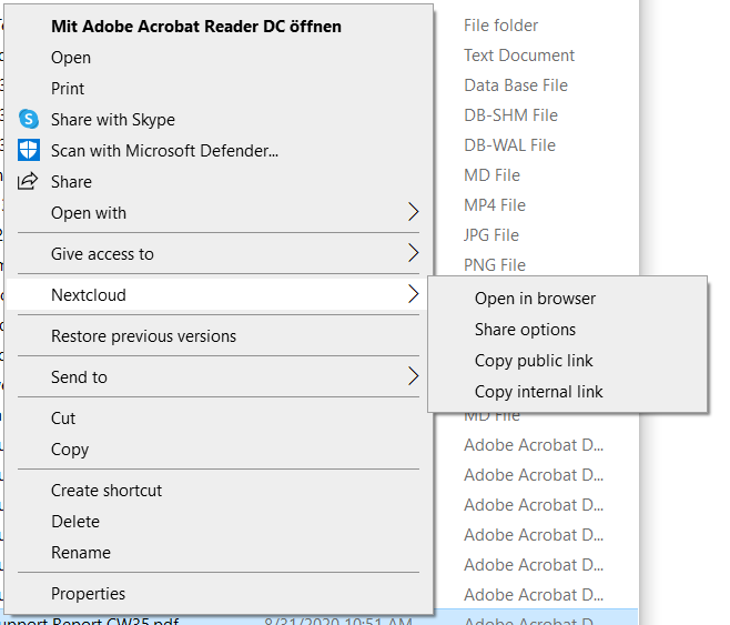 Nextcloud sharing option in a file manager context menu