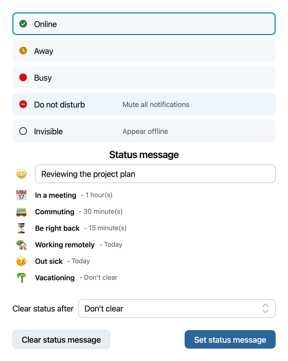 User status dialog with availability, status message, and expiration controls