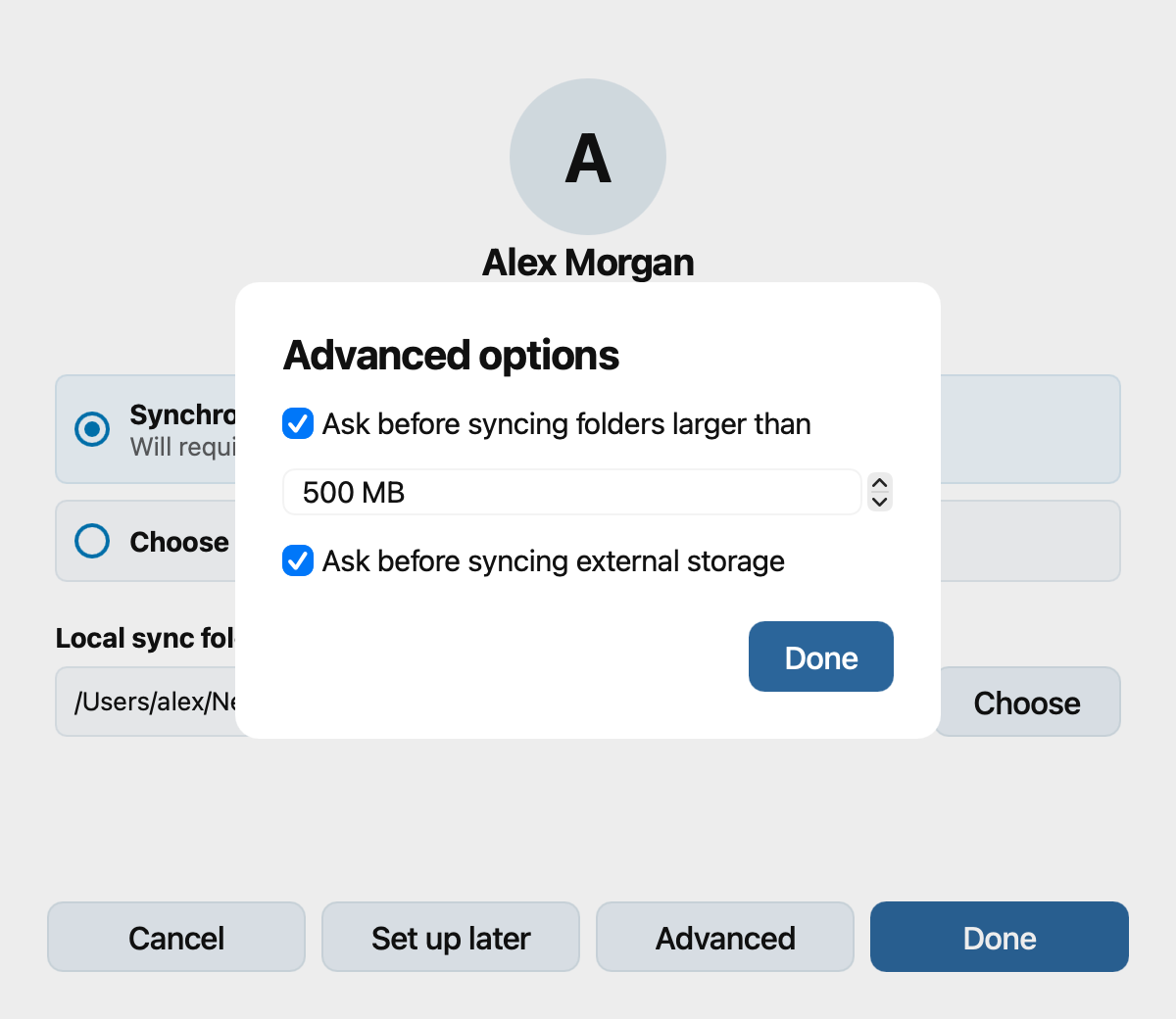 Advanced options for large folders and external storage in the setup wizard