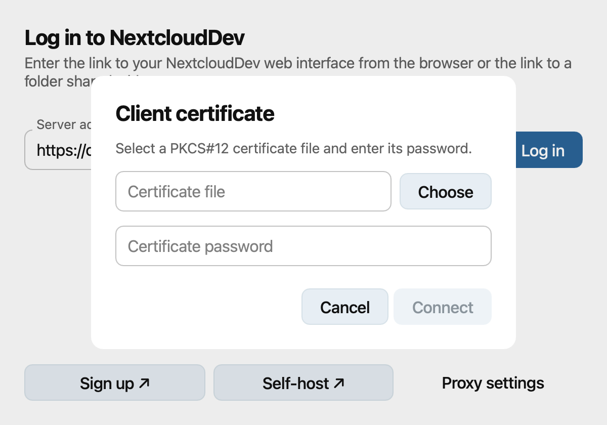 Client certificate dialog with certificate file and password fields