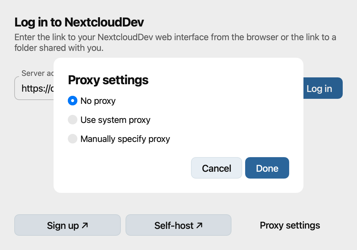Proxy settings dialog with no proxy, system proxy, and manual proxy options