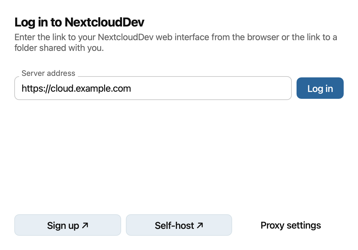 Setup wizard with the server address field and Log in button