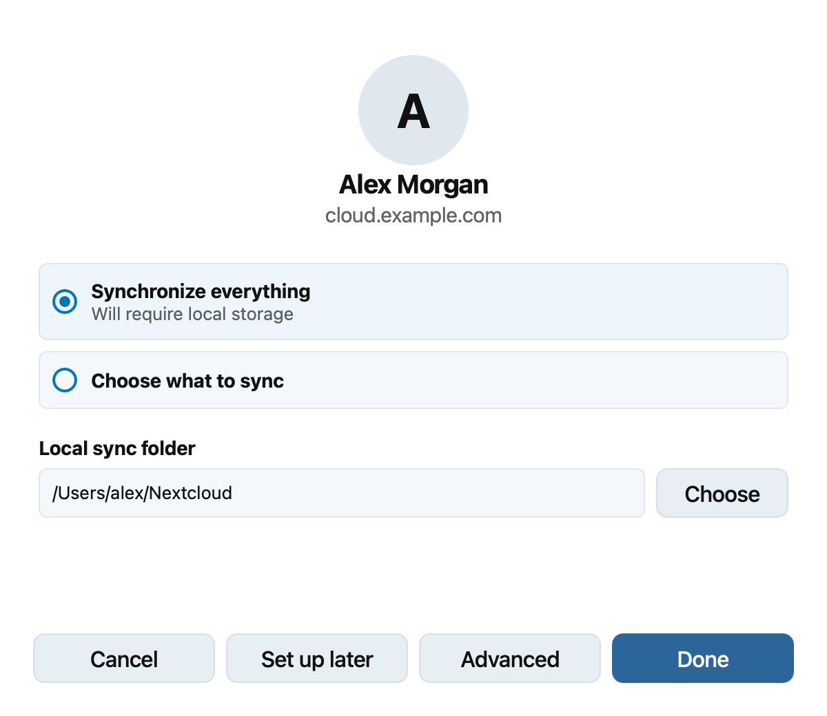 Classic synchronization options and local sync folder in the setup wizard